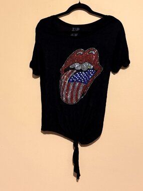 Zip Code Rolling Stones Lips USA Flag Rhinestone Tie Accent Shirt Women's Size L